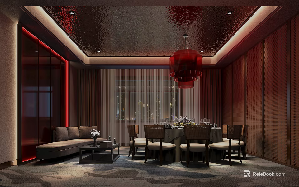 Luxurious Private Room Interior With Modern Sofa Dining Table Red Chandelier And Curtains 3d model 