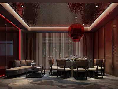 Luxurious Private Room Interior With Modern Sofa Dining Table Red Chandelier And Curtains 3d model