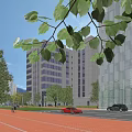 Modern Tall School Building Exterior With Rows Of Windows Against Blue Sky