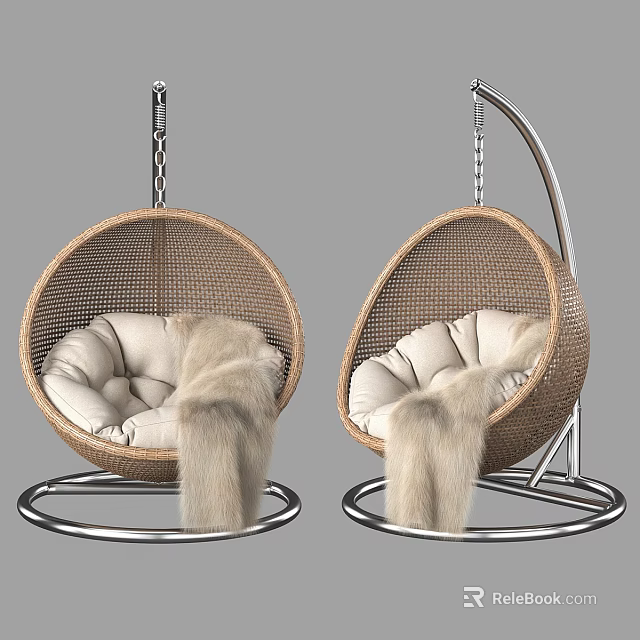 Brown Rattan Hanging Leisure Chairs With Light Colored Cushions And Metal Stand Design 3d model 