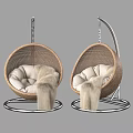 Brown Rattan Hanging Leisure Chairs With Light Colored Cushions And Metal Stand Design