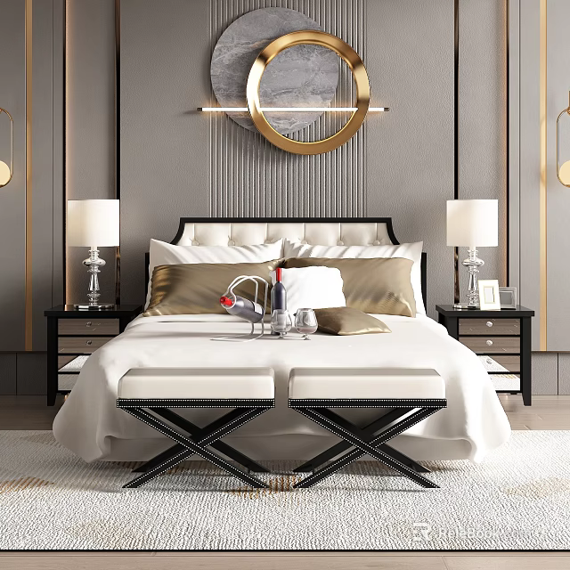 Background Double Bed Interior Design With Gold Circular Decor Nightstands Lamps And Stools 3d model 
