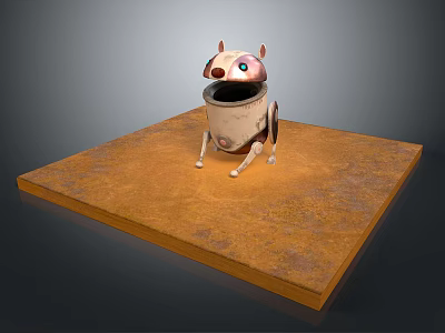 Cute Small Robot Figurine Standing On Brown Square Platform With Big Eyes 3d model