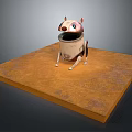 Cute Small Robot Figurine Standing On Brown Square Platform With Big Eyes