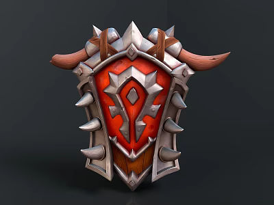 Ornate Medieval Shield Design Featuring Metal Spikes Red Emblem And Horns 3d model