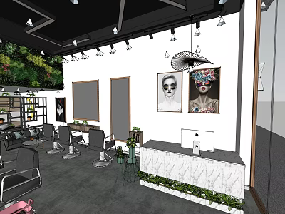 Modern Beauty Salon Interior Featuring Styling Chairs Mirrors Decorative Paintings Green Plants And Marble Counter 3d model