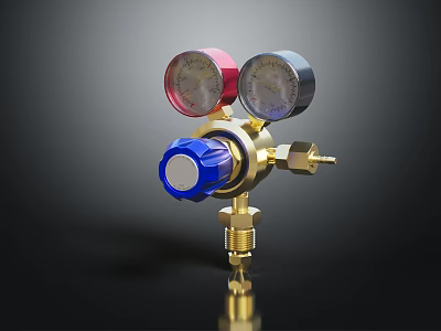 Industrial Gas Regulator with Brass Body Red Blue Gauges Blue Knob and Connection 3d model