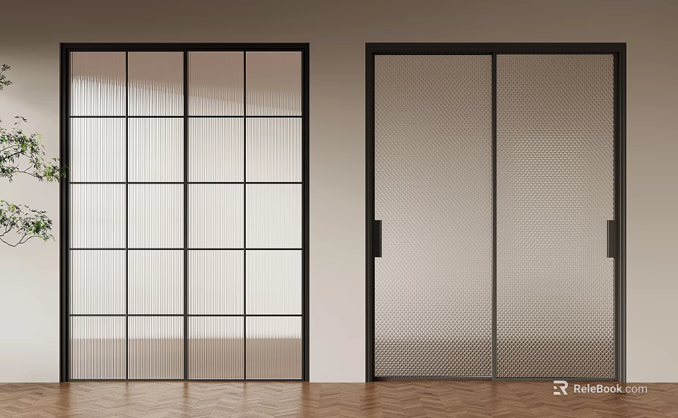 Modern Interior Sliding Doors With Black Frame Glass And Mesh Panel Design 3d model