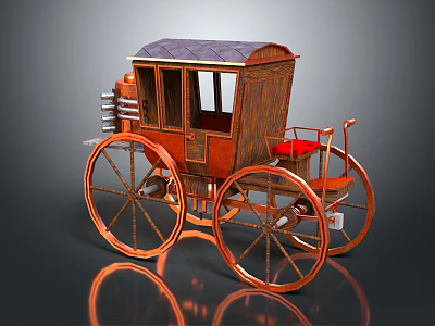 Vintage Wooden Horse Carriage With Copper Wheels Red Seats And Roof 3d model