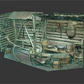 Cartoon Scene of Wooden Shed Interior with Tools Hanging Baskets Ladder and Wooden Buckets