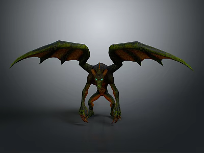 Fantasy Monster 3D Model With Green Orange Wings Glowing Eyes And Sharp Claws In Spread Pose 3d model