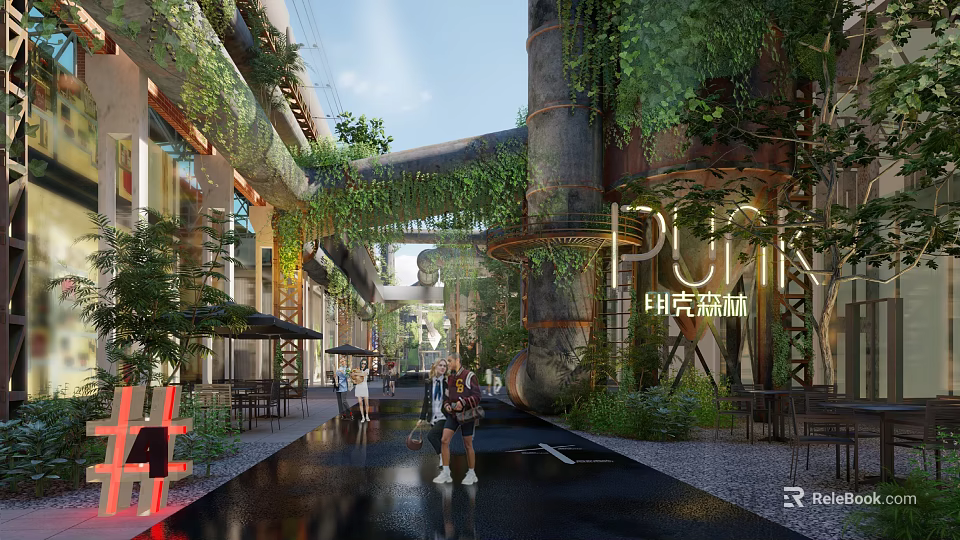 Transformed Industrial Factory With Greenery Covered Structures Rusted Pipelines Open Walkways And Pedestrians 3d model 