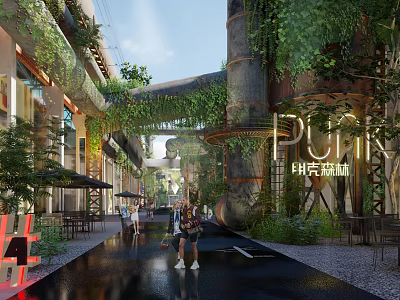 Transformed Industrial Factory With Greenery Covered Structures Rusted Pipelines Open Walkways And Pedestrians 3d model