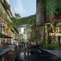 Transformed Industrial Factory With Greenery Covered Structures Rusted Pipelines Open Walkways And Pedestrians