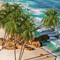 Tropical Waterfront Landscape With Sandy Beach Palm Trees Rocks And Clear Blue Waves