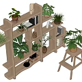 Stylish Multilayer Wooden Shelf With Potted Plants Books Decorative Items And Small Stool