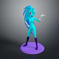 Turquoise Game And Movie Character With Long Tail Red Eyes Purple Boots Standing On Purple Base