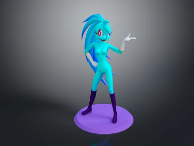 Turquoise Game And Movie Character With Long Tail Red Eyes Purple Boots Standing On Purple Base 3d model