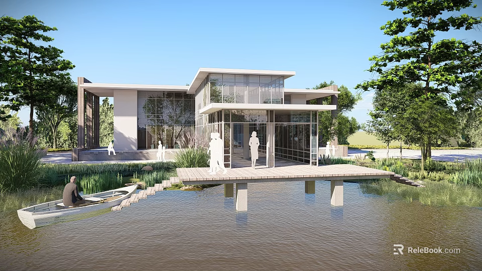 Modern Waterfront Boutique Hotel Building With Large Glass Windows Wooden Deck And Surrounding Trees 3d model 