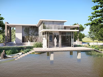 Modern Waterfront Boutique Hotel Building With Large Glass Windows Wooden Deck And Surrounding Trees 3d model