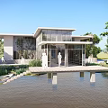 Modern Waterfront Boutique Hotel Building With Large Glass Windows Wooden Deck And Surrounding Trees
