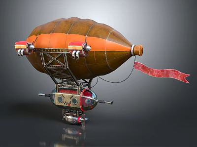Vintage Space Airship With Brown Orange Envelope Metal Frame And Red Ribbon 3d model