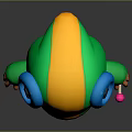 Colorful Game Movie Character 3D Model With Yellow Green Hood Large Blue Eyes Holding Pink Object