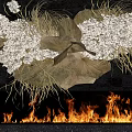 Modern Fireplace with Flames and Decorative Dried Plants in Black Backdrop