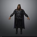 Man With Long Hair Wearing Black Armor And Purple Cape Standing Against Gray Background
