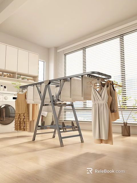 Grey Clothes Drying Rack With Hanging Clothes Cabinets And Window In Modern Home 3d model 