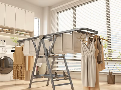 Grey Clothes Drying Rack With Hanging Clothes Cabinets And Window In Modern Home 3d model