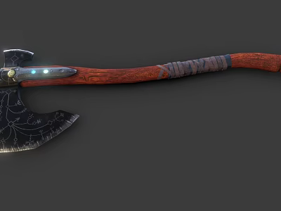 Handcrafted Battle Axe With Wooden Handle Wrapped Grip Metal Blade Carved Design Glowing Blue Accent 3d model