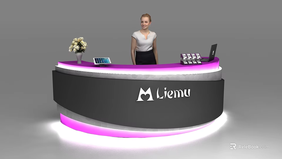Modern Pink And Black Reception Desk With Liemu Logo Flower Vase Tablet And Laptop 3d model 