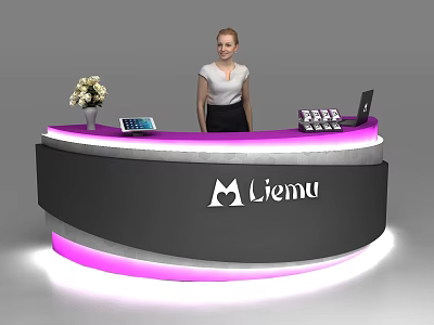 Modern Pink And Black Reception Desk With Liemu Logo Flower Vase Tablet And Laptop 3d model