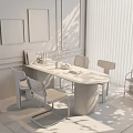 Modern Wooden Oval Dining Table Set With Four Chairs And Decorative Paintings