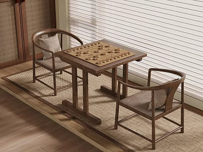 Traditional Chinese Wooden Chessboard Table And Chairs In Room By Window 3d model