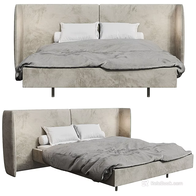 Modern Upholstered Double Bed With Light Gray Frame And White Pillows 3d model 