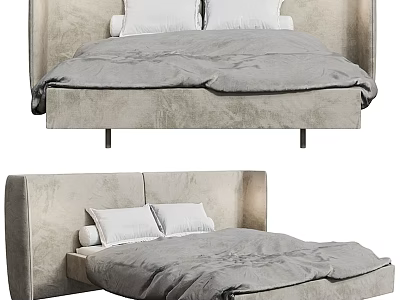 Modern Upholstered Double Bed With Light Gray Frame And White Pillows 3d model