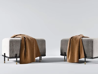 Modern Upholstered Sofa Stools With Gray Fabric And Brown Blanket On Black Metal Legs 3d model