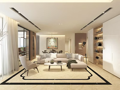 Modern Living And Dining Room Interior With Sofa Coffee Table Rug Floor To Ceiling Windows 3d model
