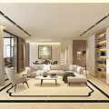 Modern Living And Dining Room Interior With Sofa Coffee Table Rug Floor To Ceiling Windows
