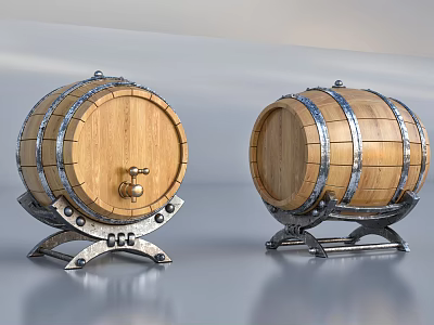Wooden Barrels with Metal Hoops and Sturdy Stands for Home Decorative Storage 3d model