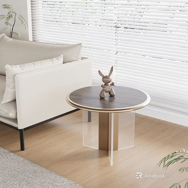 Living Room Interior with Stylish Round Side Table Wooden Top Acrylic Legs and Rabbit Figurine 3d model 
