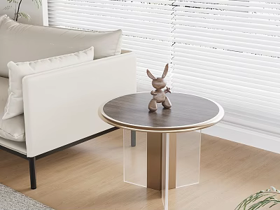 Living Room Interior with Stylish Round Side Table Wooden Top Acrylic Legs and Rabbit Figurine 3d model