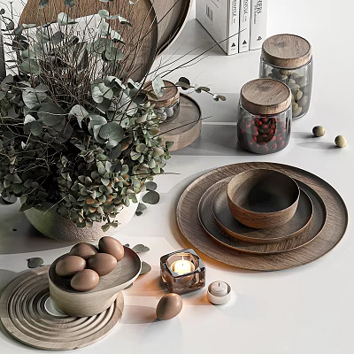 Natural Wooden Tableware Set With Bowls Plates Greenery Candle And Eggs On White Table 3d model