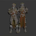 Armored Warrior Character in Silver Armor with Golden Accents Red Cape Front and Back View Designs