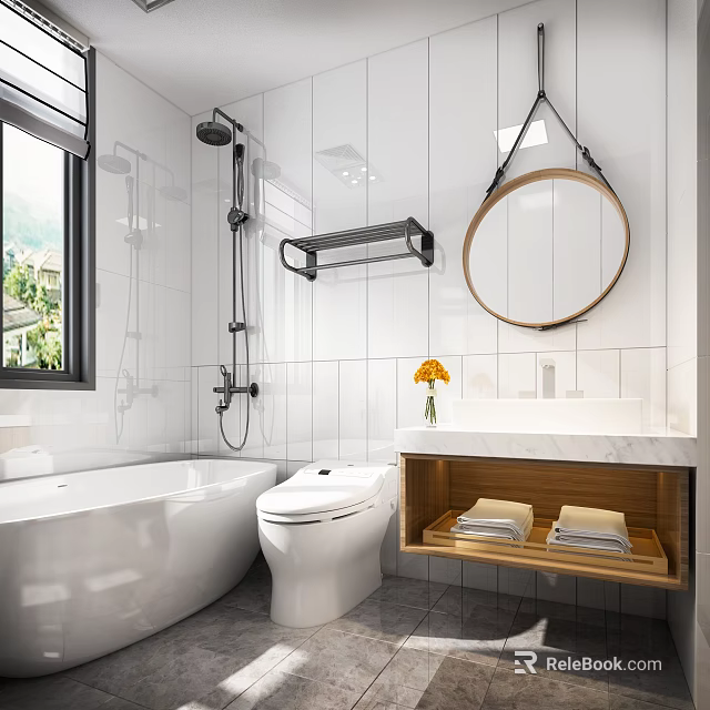 Modern Bathroom Interior With White Tiled Walls Bathtub Toilet Round Mirror And Wooden Vanity 3d model 