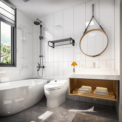Modern Bathroom Interior With White Tiled Walls Bathtub Toilet Round Mirror And Wooden Vanity 3d model