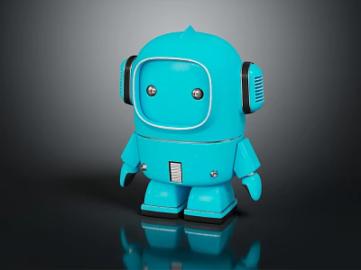Blue Toy Robot With Round Eyes Headphones And Shiny Reflective Base 3d model