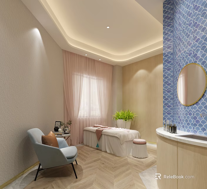 SPA Sauna Interior With Massage Bed Green Plants Pink Curtains And Blue Armchair 3d model 